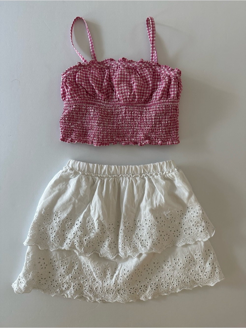 Zara Girls White Eyelet Skirt and Pink White Gingham Crop Top Size 9 Summer